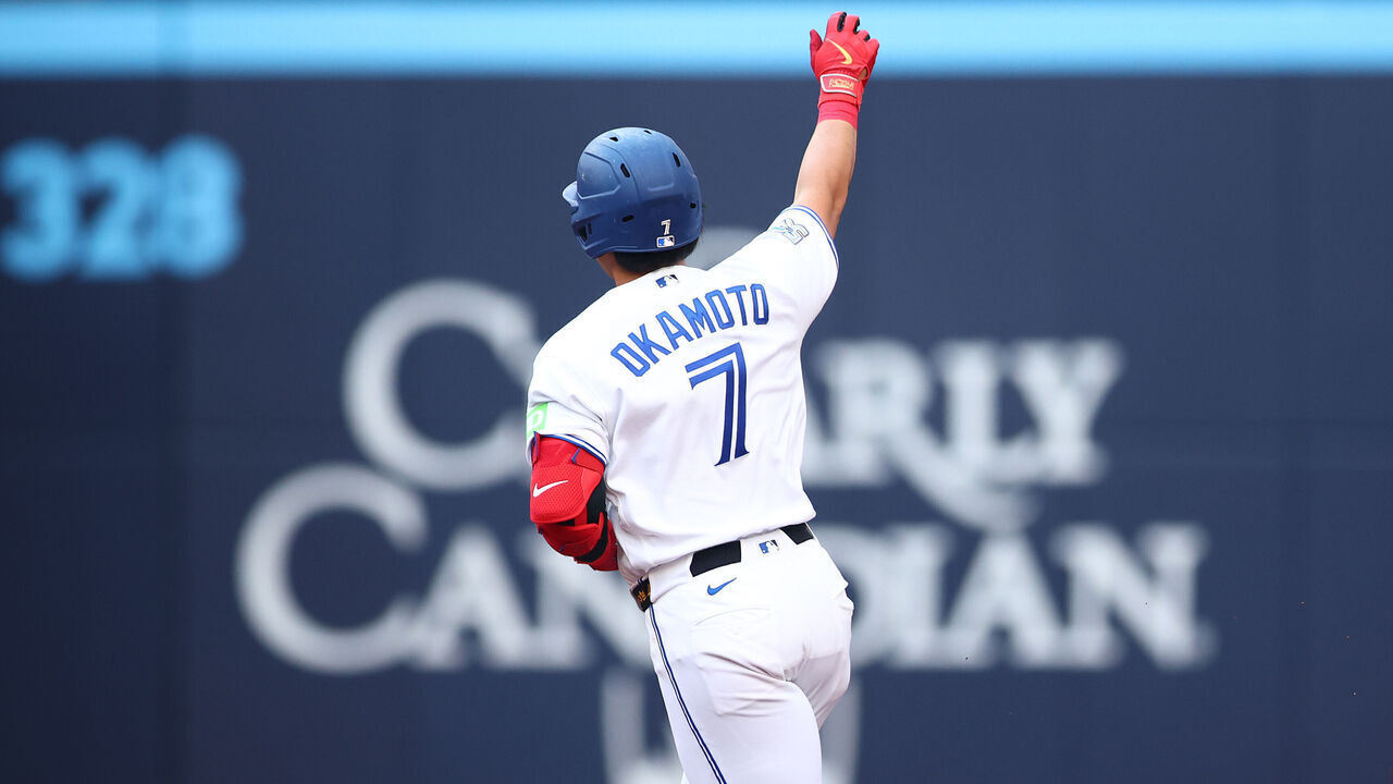 TORONTO, ON - JUNE 22: Kazuma Okamoto #7 of the Toronto Blue Jays runs the bases after hitting a solo home run in the second inning during a game against the Houston Astros at Rogers Centre on June 22, 2026 in Toronto, Ontario, Canada.