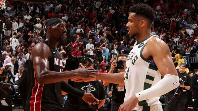 MIAMI, FL - MARCH 12: Bam Adebayo #13 of the Miami Heat and Giannis Antetokounmpo #34 of the Milwaukee Bucks shake hands after the game on March 12, 2026 at Kaseya Center in Miami, Florida. Mandatory Copyright Notice: Copyright 2026 NBAE
