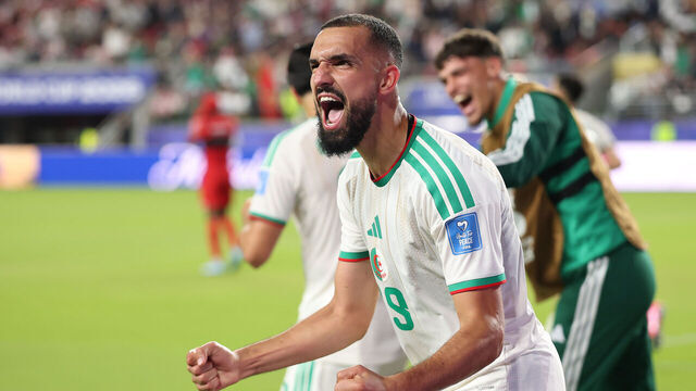 SANTA CLARA, CALIFORNIA - JUNE 22: Nabil Bentaleb #19 of Algeria celebrates after the team's second goal by Amine Gouiri #9 during the FIFA World Cup 2026 Group J match between Jordan and Algeria at San Francisco Bay Area Stadium on June 22, 2026 in Santa Clara, California.