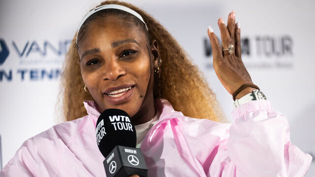 BERLIN, GERMANY - JUNE 16: Serena Williams of the United States talks to the media after the first round of doubles on Day Two of the 2026 Berlin Tennis Open at LTTC Rot-Weiß e.V. on June 16, 2026 in Berlin, Germany