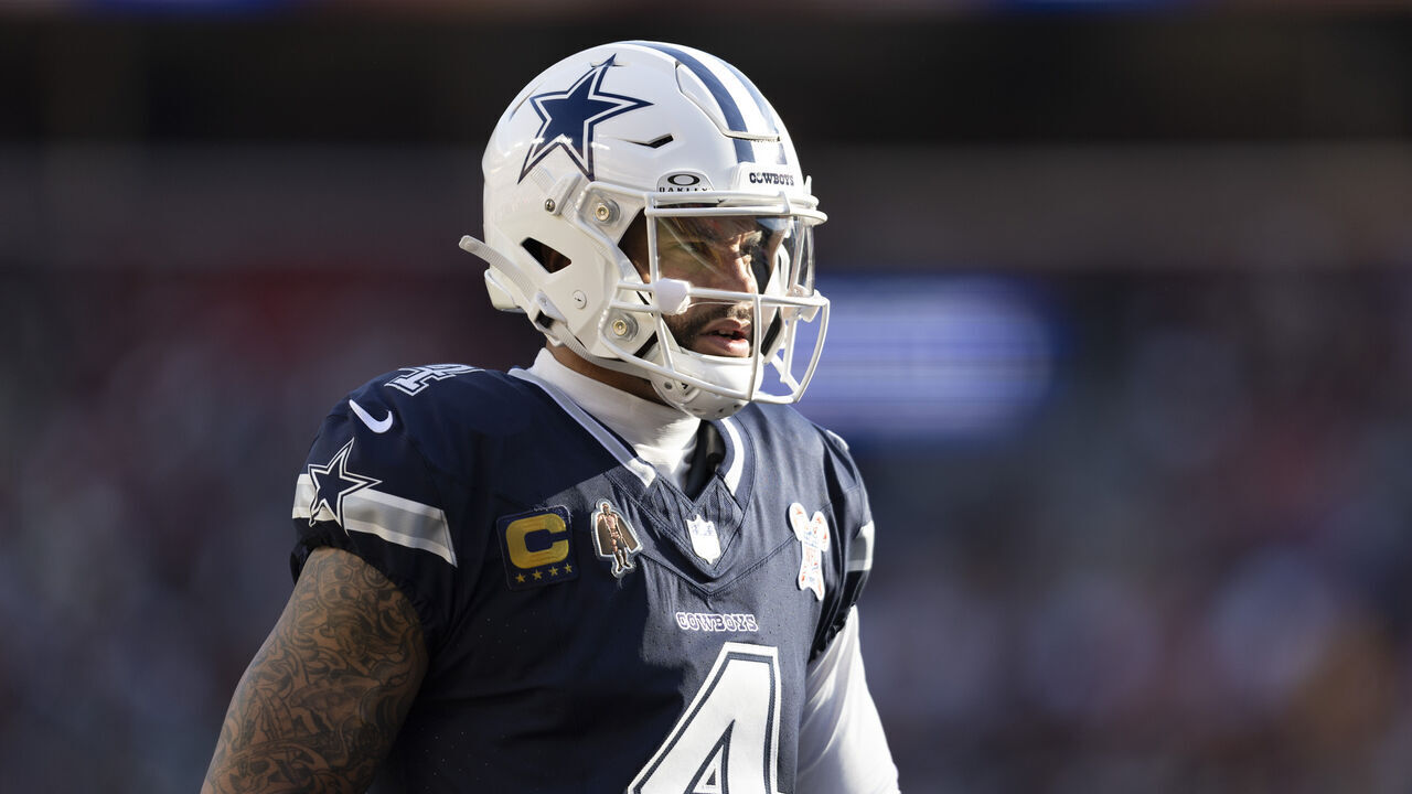LANDOVER, MD - DECEMBER 25: Dallas Cowboys quarterback Dak Prescott (4) stands on the field during game between the Dallas Cowboys and the Washington Commanders on December 25, 2025 at Northwest Stadium in Landover, MD.