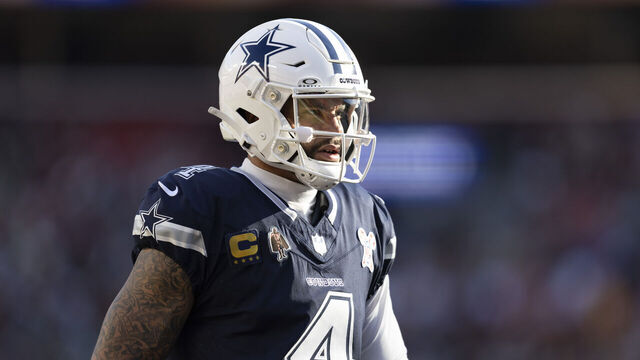 LANDOVER, MD - DECEMBER 25: Dallas Cowboys quarterback Dak Prescott (4) stands on the field during game between the Dallas Cowboys and the Washington Commanders on December 25, 2025 at Northwest Stadium in Landover, MD.