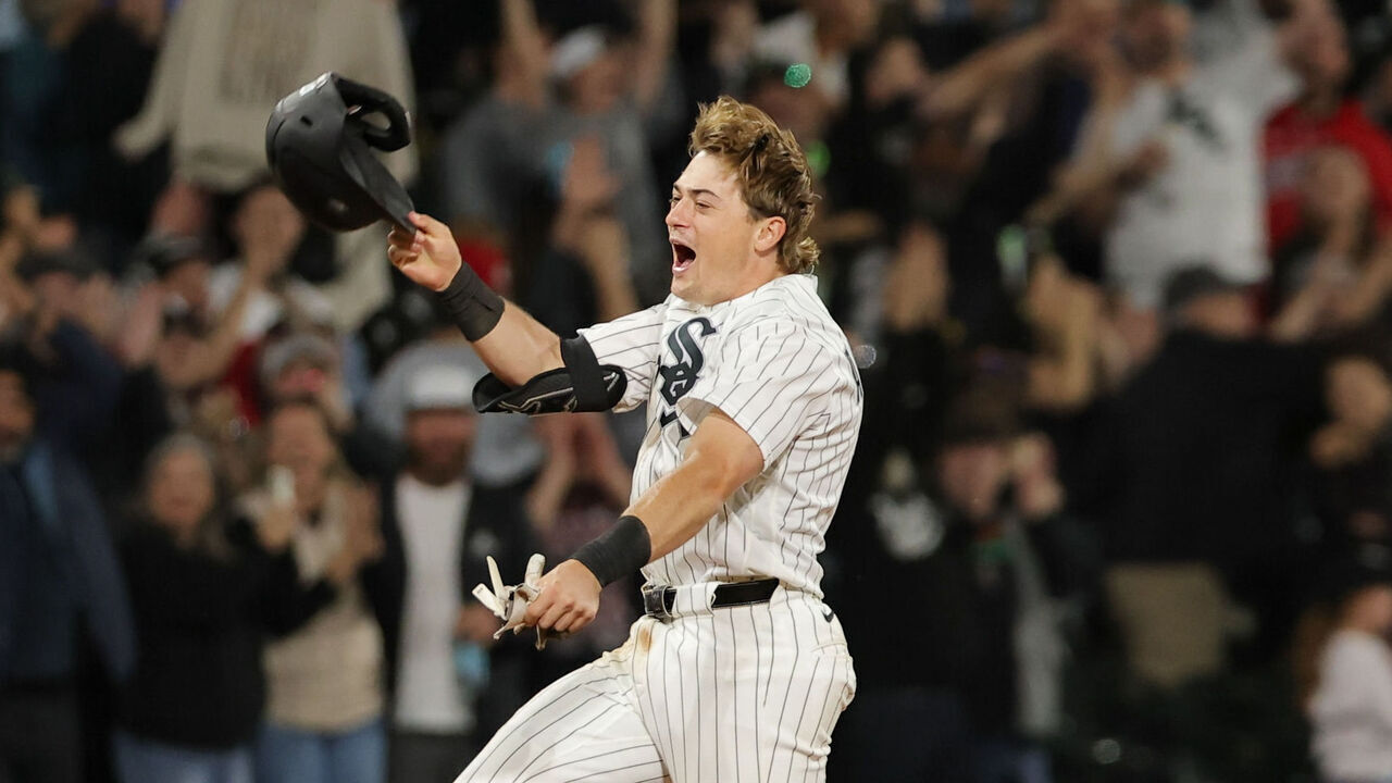 CHICAGO, IL - JUNE 22: Sam Antonacci #17 of the Chicago White Sox celebrates after hitting a walk off single to defeat the Cleveland Guardians at Rate Field on Monday, June 22, 2026 in Chicago, Illinois.