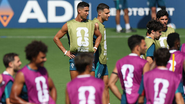 Portugal's forward #07 Cristiano Ronaldo (C) and Portugal's defender #05 Diogo Dalot (R) take part in an MD-1 training session at Gardens North County District Park in Palm Beach Gardens, on June 22, 2026, on the eve of the 2026 World cup Group K football match between Portugal and Uzbekistan.
