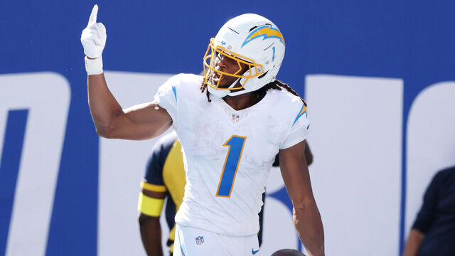 EAST RUTHERFORD, NEW JERSEY - SEPTEMBER 28: Quentin Johnston #1 of the Los Angeles Chargers celebrates a receiving touchdown against the New York Giants during the second quarterin the game at MetLife Stadium on September 28, 2025 in East Rutherford, New Jersey.