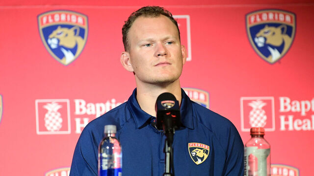 FORT LAUDERDALE, FLORIDA - JUNE 23: Brady Tkachuk #8 of the Florida Panthers listens to a question from the media at his introductory press conference at FTL War Memorial on June 23, 2026 in Fort Lauderdale, Florida.