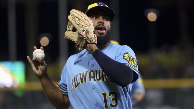 LAS VEGAS, NEVADA - JUNE 09: Luis Rengifo #13 of the Milwaukee Brewers throws a ball into the stands while jogging off the field during the fifth inning of a game against the Athletics at Las Vegas Ballpark on June 09, 2026 in Las Vegas, Nevada.