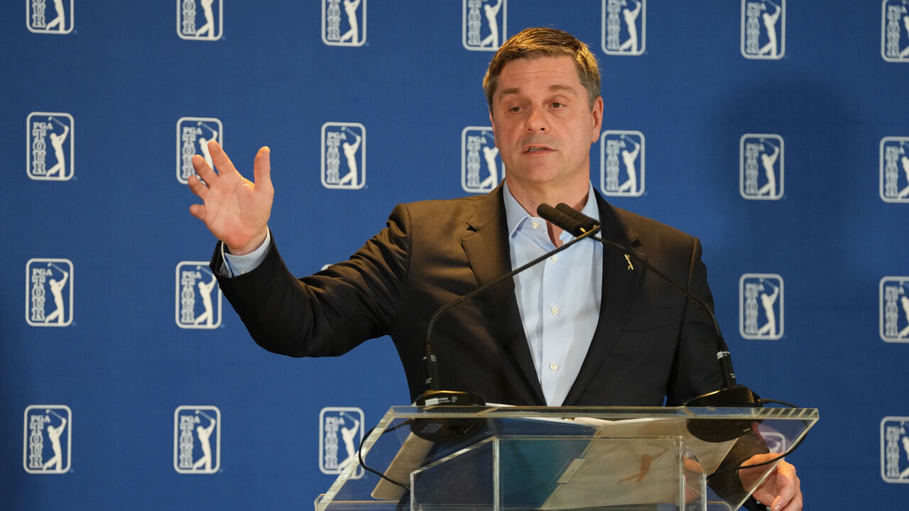 CROMWELL, CONNECTICUT - JUNE 23: Brian Rolapp, CEO of the PGA TOUR, speaks, during an announcement of a new competitive model to the PGA TOUR, prior to Travelers Championship at TPC River Highlands on June 23, 2026 in Cromwell, Connecticut.