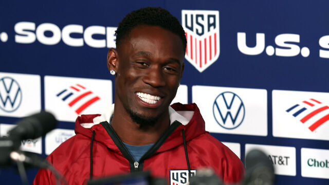 IRVINE, CALIFORNIA - JUNE 22: Folarin Balogun of the United States talks to the media during a World Cup 2026 training session at Great Park Sports Complex on June 22, 2026 in Irvine, California.