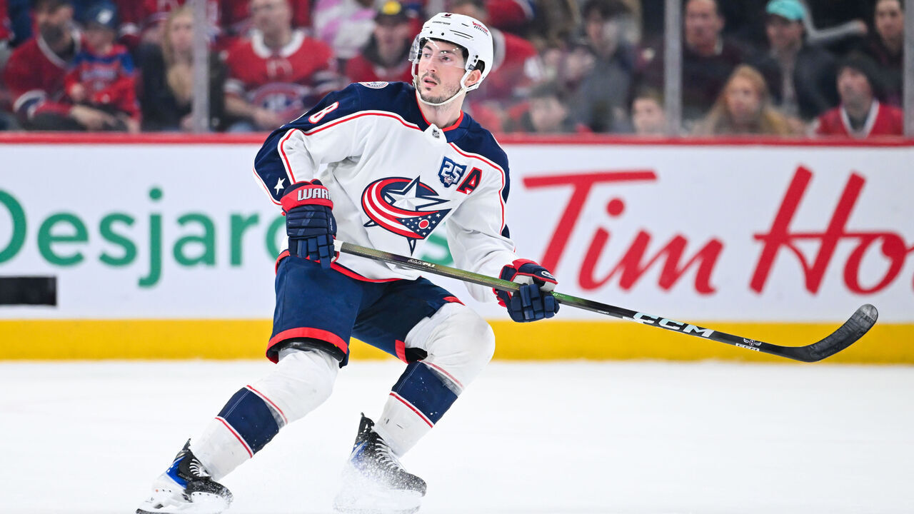 MONTREAL, CANADA - APRIL 11: Zach Werenski #8 of the Columbus Blue Jackets skates during the first period against the Montréal Canadiens at the Bell Centre on April 11, 2026 in Montreal, Quebec, Canada. The Columbus Blue Jackets defeated the Montréal Canadiens 5-2.