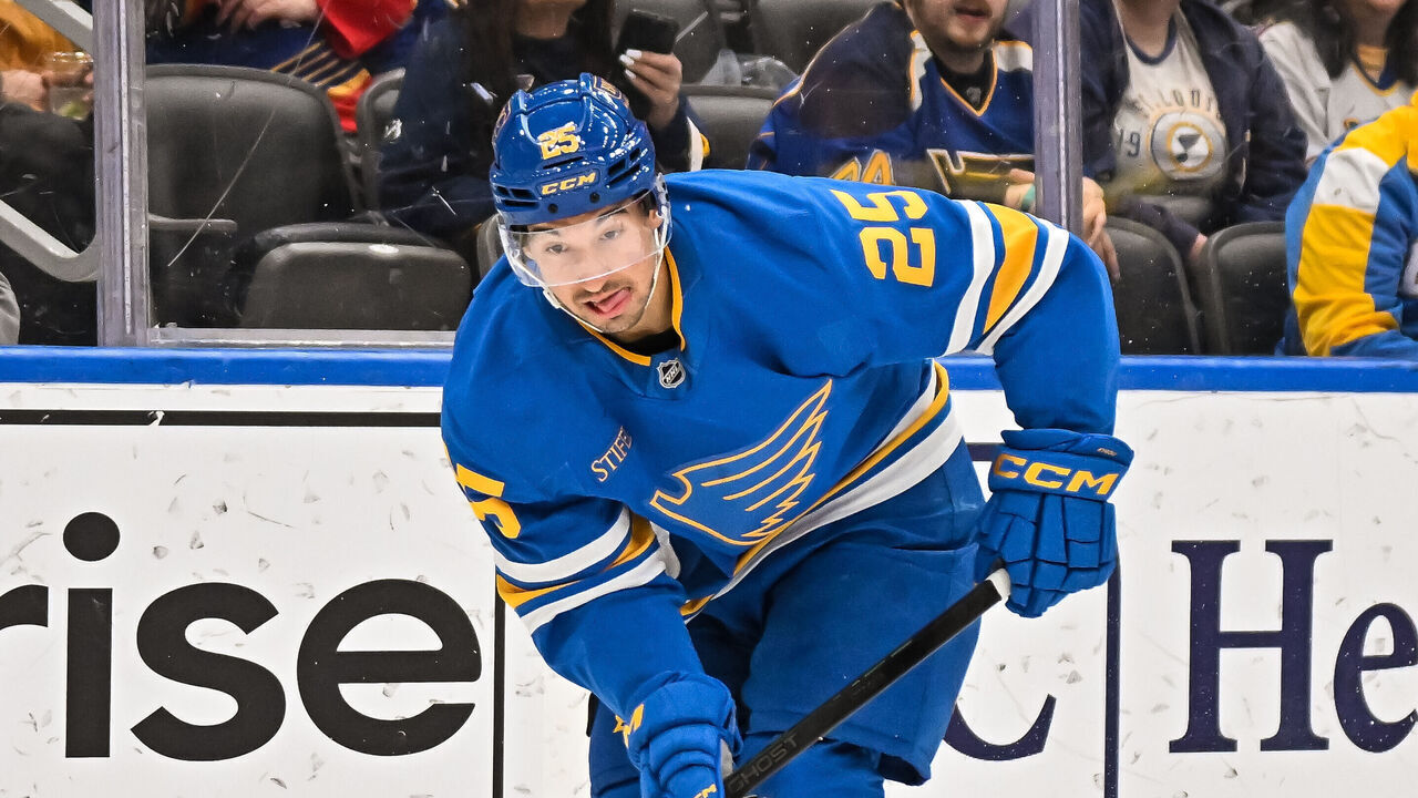 ST. LOUIS, MO - APRIL 09: St. Louis Blues right wing Jordan Kyrou (25) skates the puck out from behind the net during an NHL game where the St. Louis Blues hosted the Winnipeg Jets on Thursday April 9th, 2026, at the Enterprise Center in St. Louis MO