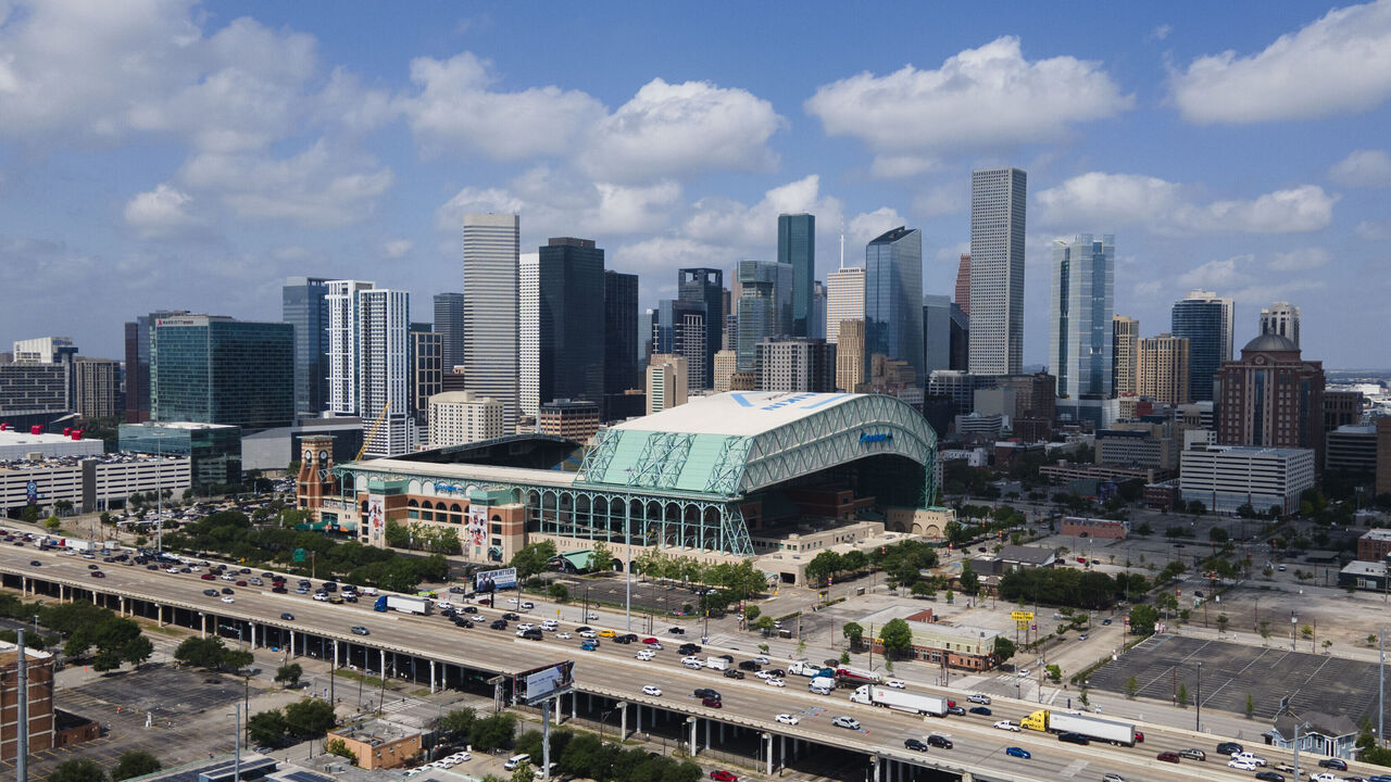 HOUSTON, TEXAS - APRIL 26: The skyline of downtown Houston looking south west is seen in Houston, Saturday, April 26, 2025. (Jay Janner/The Austin American-Statesman via Getty Images)