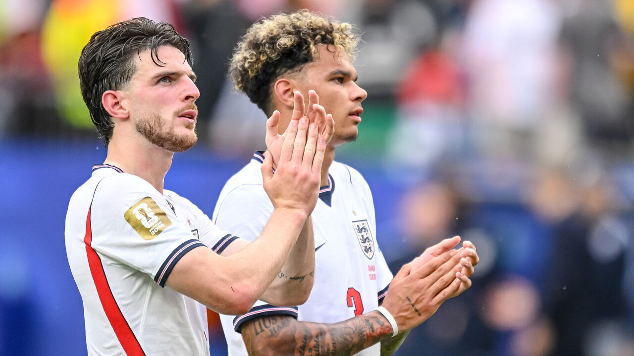 Boston, United States - June 23: Declan Rice of England and Nico O'Reilly of England gestures during the FIFA World Cup 2026 Group L match between England and Ghana at Boston Stadium on June 23, 2026 in Boston, United States.
