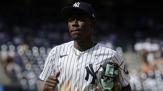 NEW YORK, NEW YORK - JUNE 21: A blue ribbon patch is seen on the uniform of Jazz Chisholm Jr. #13 of the New York Yankees as he runs to the dugout late in a game against the Cincinnati Reds at Yankee Stadium on June 21, 2026 in New York City.