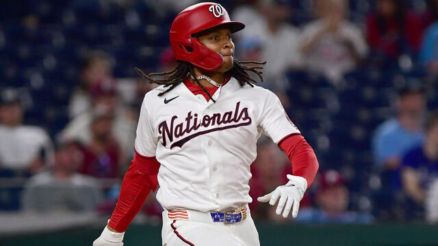 WASHINGTON, DC - JUNE 15: Nationals shortstop C.J. Abrams (5) watches a hit during the Kansas City Royals versus Washington Nationals Major League Baseball (MLB) game on June 15, 2026 at Nationals Park in Washington, D.C..