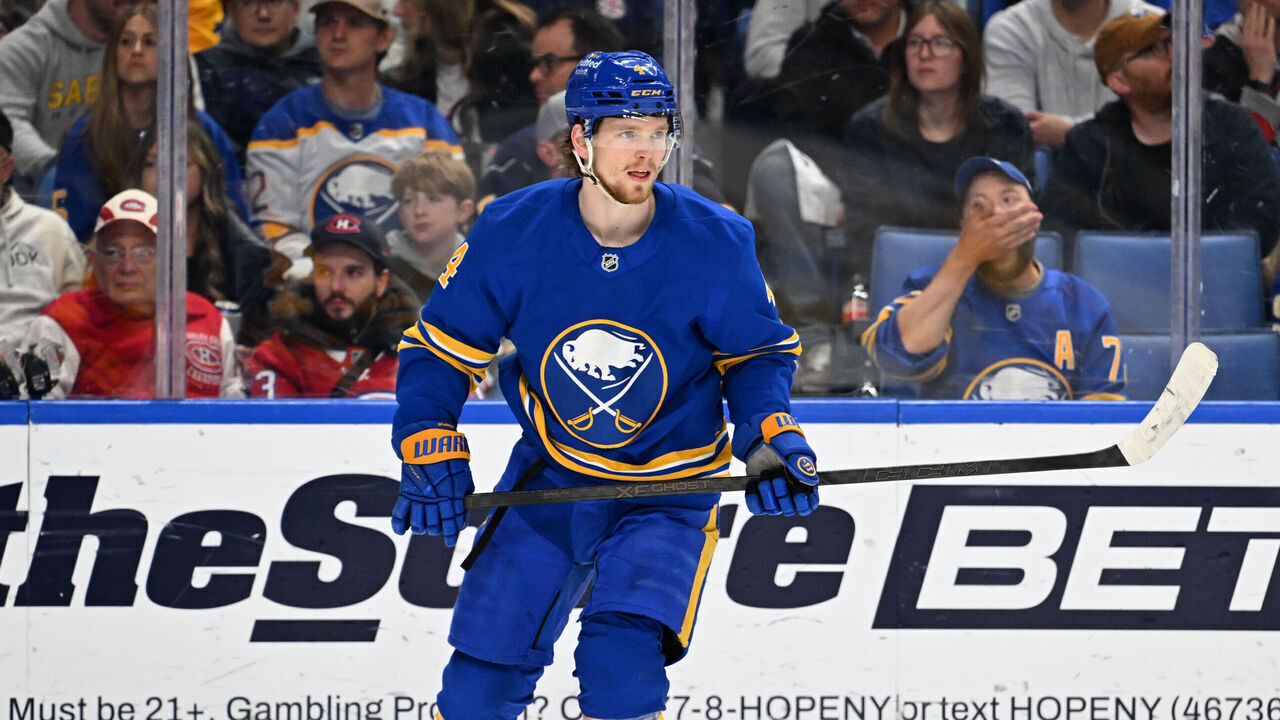 BUFFALO, NEW YORK - MAY 14: Bowen Byram #4 of the Buffalo Sabres skates against the Montréal Canadiens during Game Five of the Second Round of the 2026 Stanley Cup Playoffs at KeyBank Center on May 14, 2026 in Buffalo, New York.