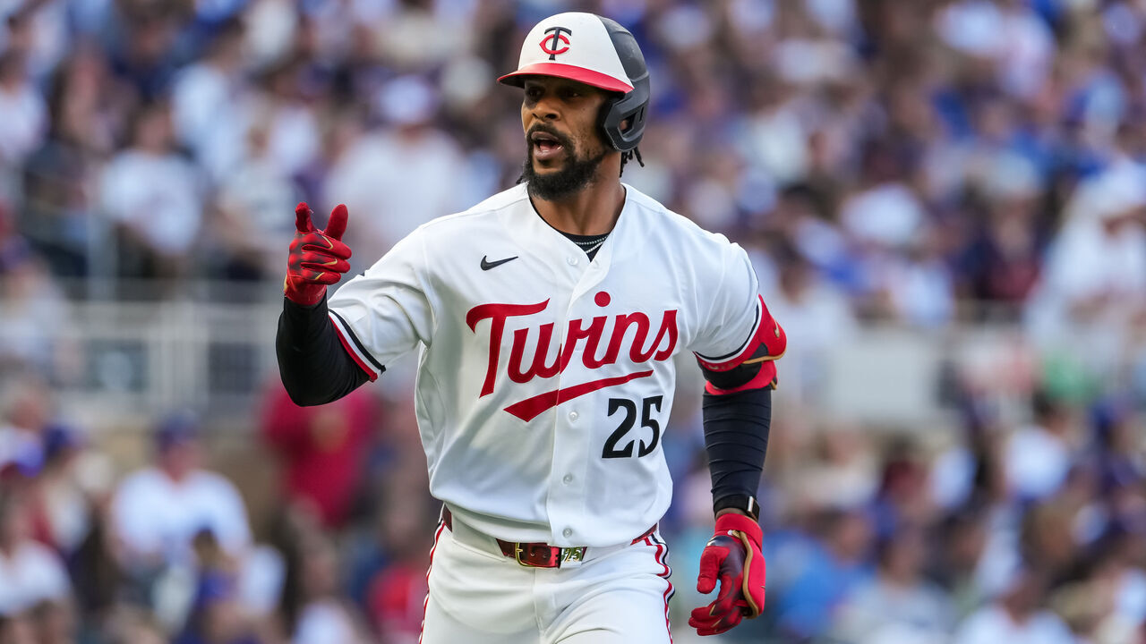 MINNEAPOLIS, MN - JUNE 22: Byron Buxton #25 of the Minnesota Twins celebrates after hitting a home run against the Los Angeles Dodgers on June 22, 2026 at Target Field in Minneapolis, Minnesota.