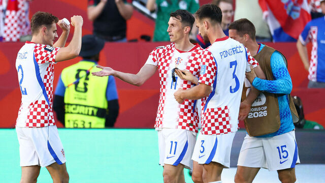 Croatia's forward #11 Ante Budimir celebrates with teammates scoring his team's first goal during the 2026 World Cup Group L football match between Panama and Croatia at the Toronto Stadium in Toronto on June 23, 2026.