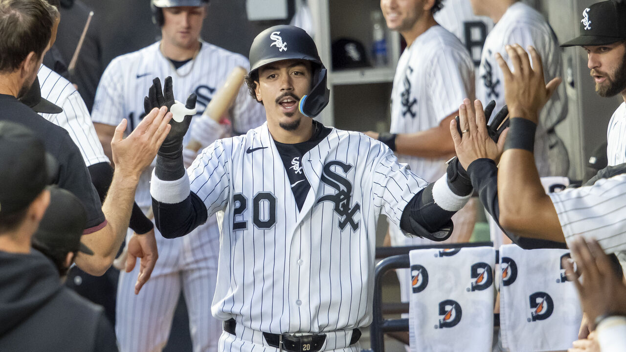 CHICAGO, IL - JUNE 23: Chicago White Sox third baseman Miguel Vargas (20) celebrates after hitting a solo homer during a regular season MLB game between the Cleveland Guardians and the Chicago White Sox on June 23 2026, at Guaranteed Rate Field in Chicago, Illinois.