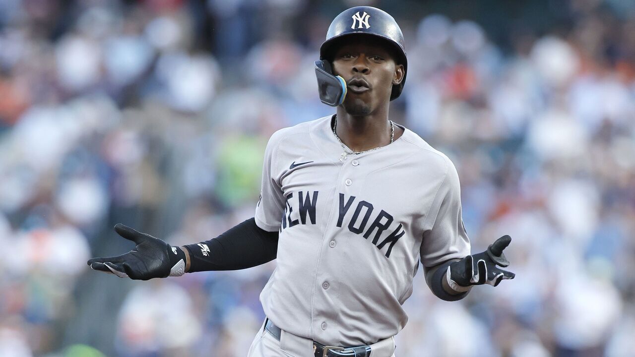 DETROIT, MI - JUNE 23: Jazz Chisholm Jr. #13 of the New York Yankees rounds the bases after hitting a two-run home run against the Detroit Tigers during the sixth inning at Comerica Park on June 23, 2026 in Detroit, Michigan.