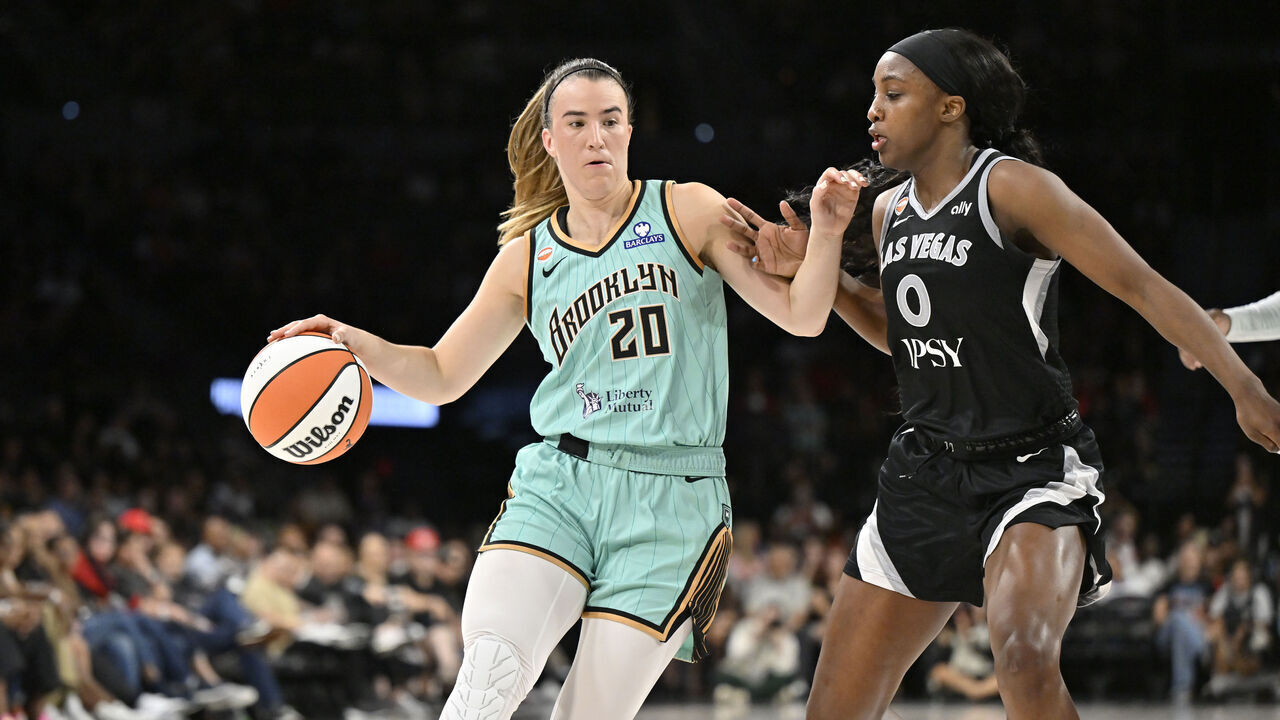 LAS VEGAS, NV - JUNE 23: Sabrina Ionescu #20 of the New York Liberty dribbles the ball during the game against the Las Vegas Aces on June 23, 2026 at Michelob ULTRA Arena in Las Vegas, Nevada. Mandatory Copyright Notice: Copyright 2026 NBAE