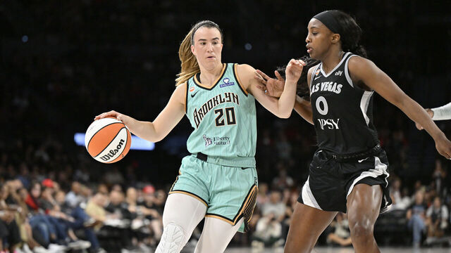 LAS VEGAS, NV - JUNE 23: Sabrina Ionescu #20 of the New York Liberty dribbles the ball during the game against the Las Vegas Aces on June 23, 2026 at Michelob ULTRA Arena in Las Vegas, Nevada. Mandatory Copyright Notice: Copyright 2026 NBAE