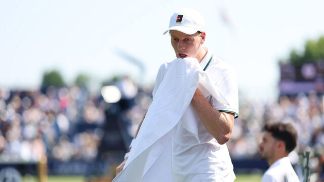LONDON, ENGLAND - JUNE 24: Jannik Sinner of Italy wipes his face with a towel during his exhibition match against Cameron Norrie of Great Britain during the Giorgio Armani Tennis Classic at The Hurlingham Club on June 24, 2026 in London, England.