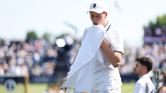 LONDON, ENGLAND - JUNE 24: Jannik Sinner of Italy wipes his face with a towel during his exhibition match against Cameron Norrie of Great Britain during the Giorgio Armani Tennis Classic at The Hurlingham Club on June 24, 2026 in London, England.