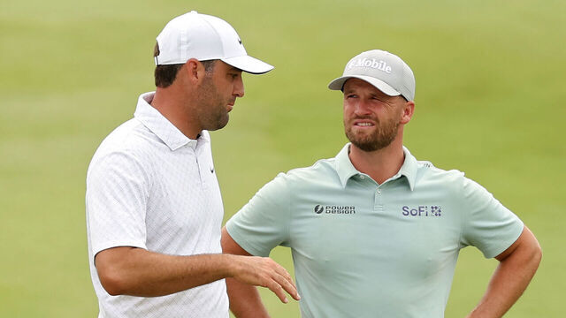 MCKINNEY, TEXAS - MAY 23: Scottie Scheffler of the United States (L) and Wyndham Clark of the United States meet on the 14th hole during the third round of THE CJ CUP Byron Nelson 2026 at TPC Craig Ranch on May 23, 2026 in McKinney, Texas.