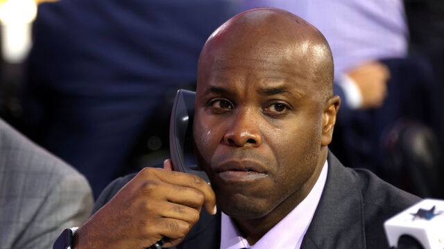 LAS VEGAS, NEVADA - JUNE 29: General manager Mike Grier of the San Jose Sharks looks on from the draft table during the 2024 Upper Deck NHL Draft Rounds 2-7 at Sphere on June 29, 2024 in Las Vegas, Nevada.