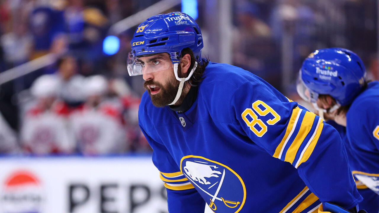 BUFFALO, NEW YORK - MAY 18: Alex Tuch #89 of the Buffalo Sabres prepares for a faceoff against the Montreal Canadiens in Game Seven of the Second Round of the 2026 Stanley Cup Playoffs at KeyBank Center on May 18, 2026 in Buffalo, New York.