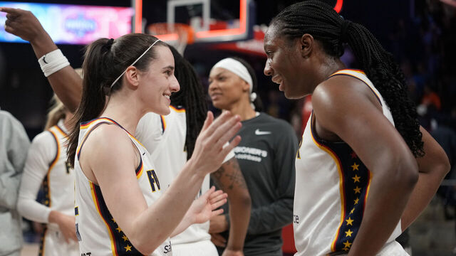 WASHINGTON, DC - JUNE 08: Caitlin Clark #22 of the Indiana Fever celebrates with Aliyah Boston #7 after scoring the game-winning three pointer during the second half against the Washington Mystics at CareFirst Arena on June 08, 2026 in Washington, DC.