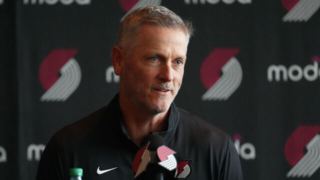 PORTLAND, OREGON - APRIL 02: Tom Dundon, Portland Trail Blazers owner, speaks during a press conference at Moda Center on April 02, 2026 in Portland, Oregon.