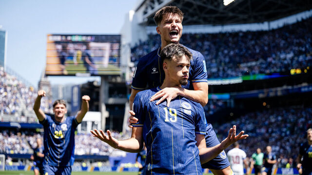 SEATTLE, WASHINGTON - JUNE 24: Kerim Alajbegovic #19 of Bosnia and Herzegovina celebrates his goal during the first half of the FIFA World Cup 2026 Group B match against Qatar at Seattle Stadium on June 24, 2026 in Seattle, Washington.