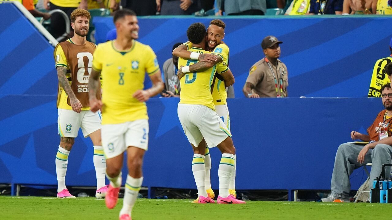 FLORIDA, USA - JUNE 24: Matheus Cunha (9) of Brazil celebrates after scoring his team's third goal with teammate Neymar Jr of Brazil during the 2026 FIFA World Cup First Stage Group C match between Scotland and Brazil at the Hard Rock Stadium (Miami Stadium) in Miami Gardens, Florida, United States on June 24, 2026