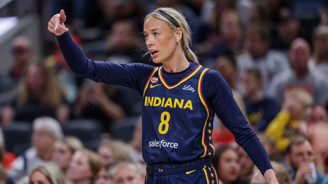 INDIANAPOLIS, INDIANA - JUNE 22: Sophie Cunningham #8 of the Indiana Fever motions back to the bench during the game against the Phoenix Mercury at Gainbridge Fieldhouse on June 22, 2026 in Indianapolis, Indiana.