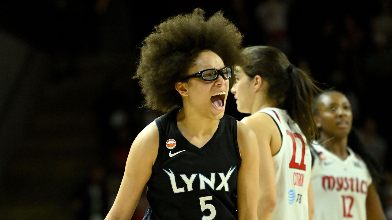 WASHINGTON, DC - JUNE 24: Olivia Miles #5 of the Minnesota Lynx reacts after a play against the Washington Mystics during the fourth quarter at CareFirst Arena on June 24, 2026 in Washington, DC. The Lynx defeated the Mystics 78-76.