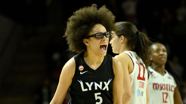 WASHINGTON, DC - JUNE 24: Olivia Miles #5 of the Minnesota Lynx reacts after a play against the Washington Mystics during the fourth quarter at CareFirst Arena on June 24, 2026 in Washington, DC. The Lynx defeated the Mystics 78-76.