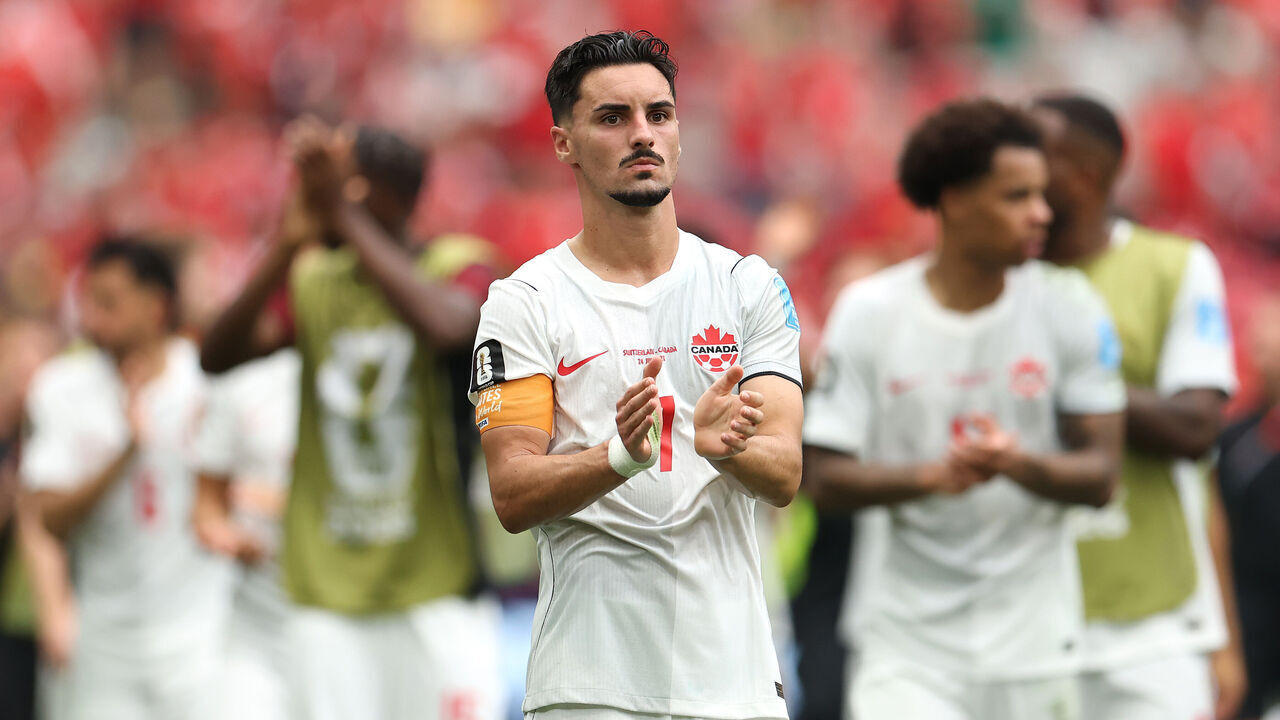 VANCOUVER, BRITISH COLUMBIA - JUNE 24: Stephen Eustaquio #7 of Canada applauds fans after the team's 1-2 defeat in the FIFA World Cup 2026 Group B match between Switzerland and Canada at BC Place Vancouver on June 24, 2026 in Vancouver, British Columbia.