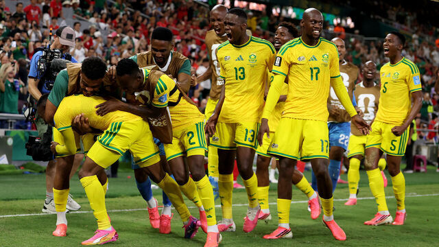 GUADALUPE, MEXICO - JUNE 24: Thapelo Maseko #12 of South Africa celebrates with teammates after scoring the team's first goal during the FIFA World Cup 2026 Group A match between South Africa and Korea Republic at Monterrey Stadium on June 24, 2026 in Guadalupe, Mexico.