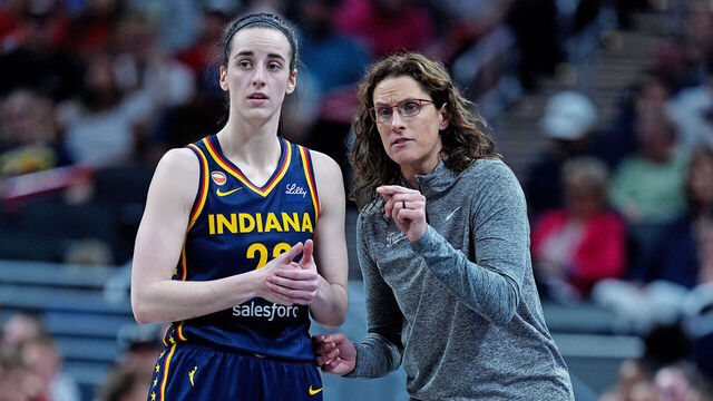 INDIANAPOLIS, IN - JUNE 22: Indiana Fever coach Stephanie White talks to guard Caitlin Clark (22) during a game against the Phoenix Mercury on June 22, 2026, at Gainbridge Fieldhouse in Indianapolis, Indiana.