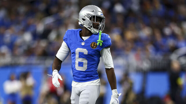 DETROIT, MICHIGAN - NOVEMBER 27: Terrion Arnold #6 of the Detroit Lions lines up before a play during an NFL football game against the Green Bay Packers at Ford Field on November 27, 2025 in Detroit, Michigan.