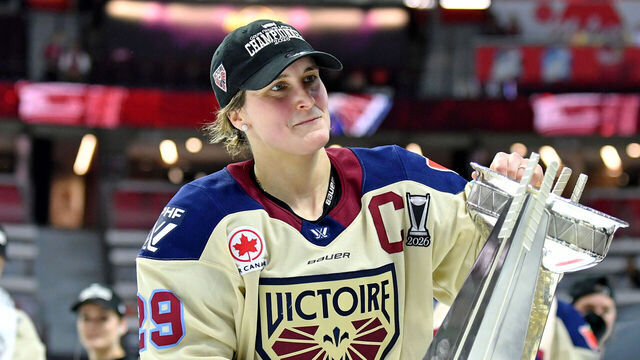 OTTAWA, ONTARIO - MAY 20: Marie-Philip Poulin #29 of the Montreal Victoire carries The Walter Cup after the Montreal Victoire won the Walter Cup by defeating the Ottawa Charge in Game 4 of the PWHL Walter Cup Final at Canadian Tire Centre on May 20, 2026 in Ottawa, Ontario.