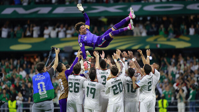 MEXICO CITY, MEXICO - JUNE 24: Mexico's players lift up goalkeepe Guillermo Ochoa after winning during the FIFA World Cup 2026 Group A match between Czechia and Mexico at Mexico City Stadium on June 24, 2026 in Mexico City, Mexico.