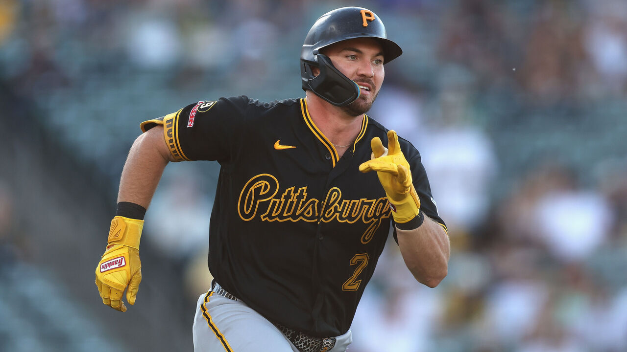 SACRAMENTO, CALIFORNIA - JUNE 17: Spencer Horwitz #2 of the Pittsburgh Pirates hits a double in the top of the first inning against the Athletics at Sutter Health Park on June 17, 2026 in Sacramento, California.