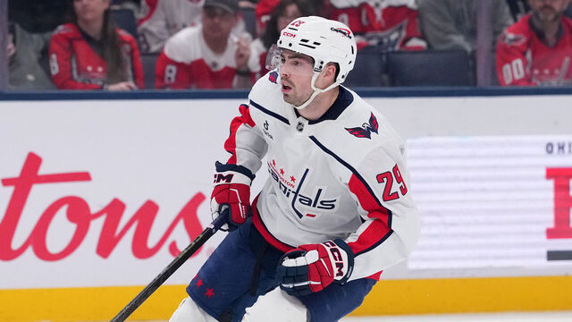 COLUMBUS, OHIO - APRIL 14: Hendrix Lapierre #29 of the Washington Capitals seen in action during the game against the Columbus Blue Jackets at Nationwide Arena on April 14, 2026 in Columbus, Ohio.