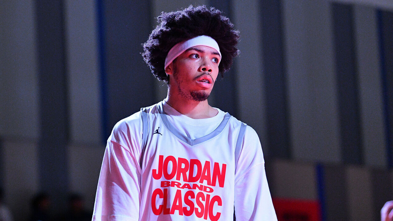 TORRANCE, CA - APRIL 17: Tyran Stokes from Rainier Beach High School (WA) looks on before the Jordan Brand Classic high school basketball all-star game on April 17, 2026 at El Camino College in Torrance, CA.