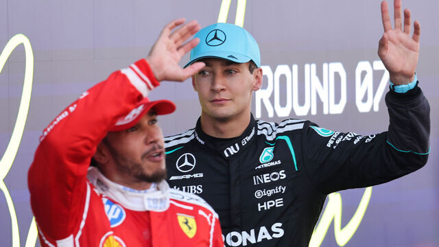 Lewis Hamilton of Ferrari and George Russell of Mercedes after the Formula 1 Barcelona-Catalunya Grand Prix at Circuit de Barcelona-Catalunya in Barcelona on June 14, 2026.