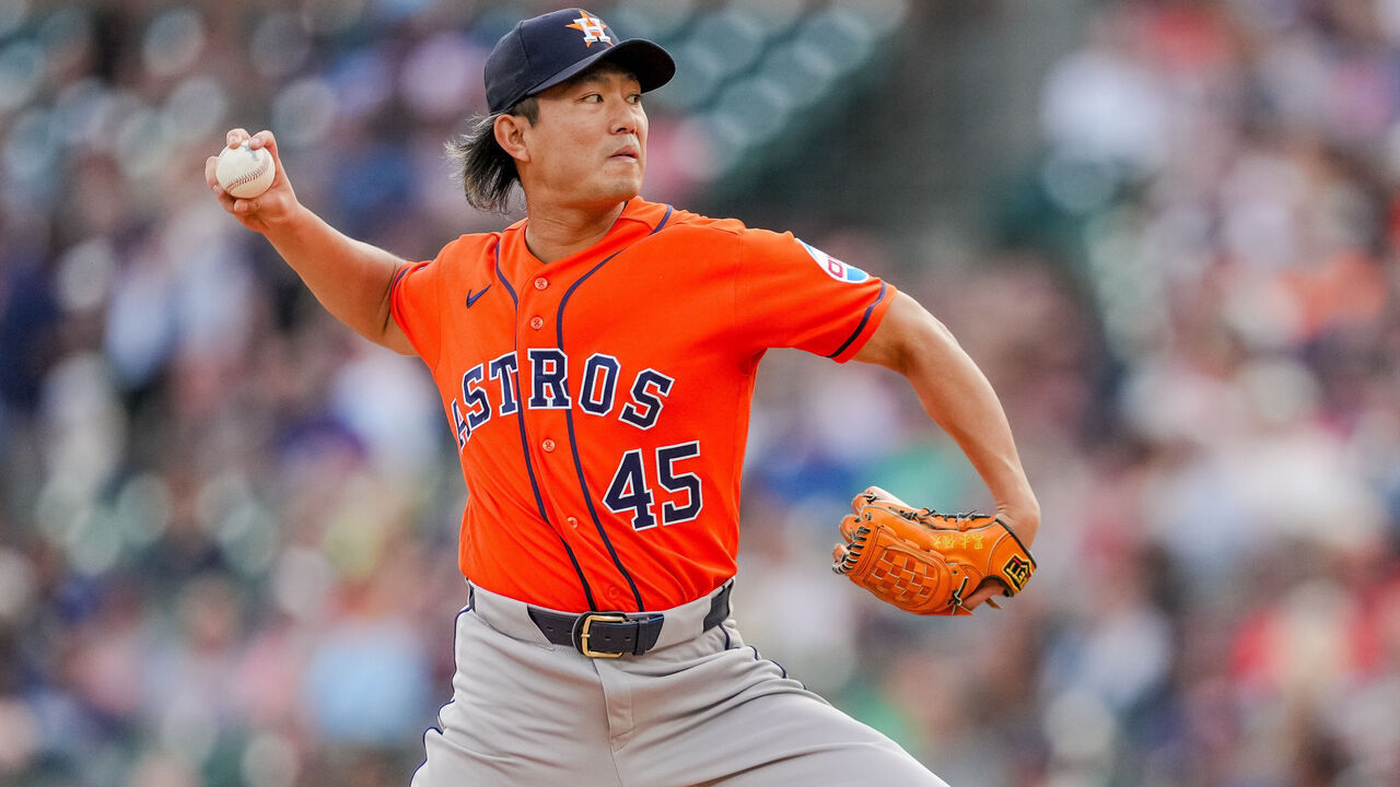 DETROIT, MICHIGAN - JUNE 25: Tatsuya Imai #45 of the Houston Astros delivers a pitch against the Detroit Tigers during the bottom of the first inning at Comerica Park on June 25, 2026 in Detroit, Michigan.