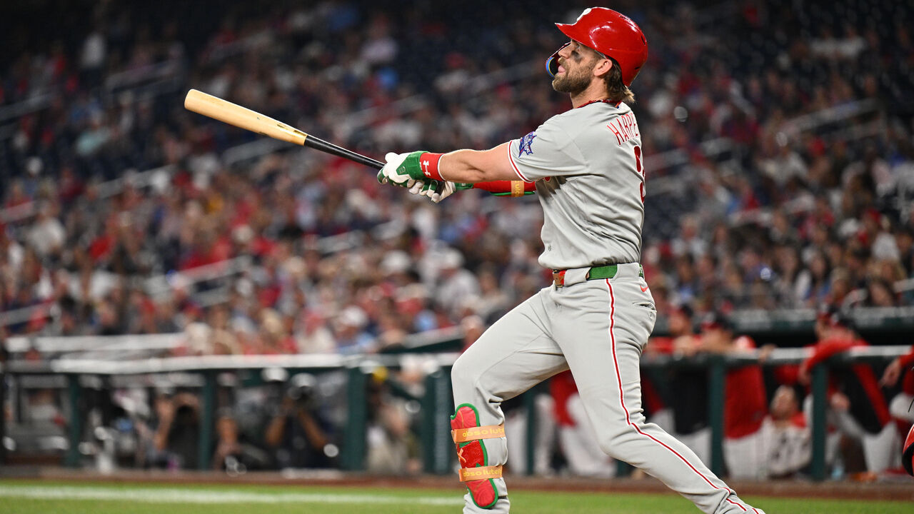 WASHINGTON, DC - JUNE 25: Bryce Harper #3 of the Philadelphia Phillies hits a two-run home run in the ninth inning against the Washington Nationals at Nationals Park on June 25, 2026 in Washington, DC.